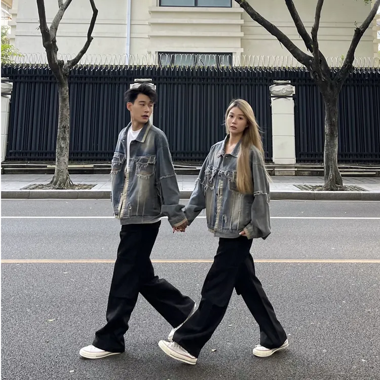 YYMDG美式高街做旧毛边牛仔夹克2024春秋新款男女外套复古情侣