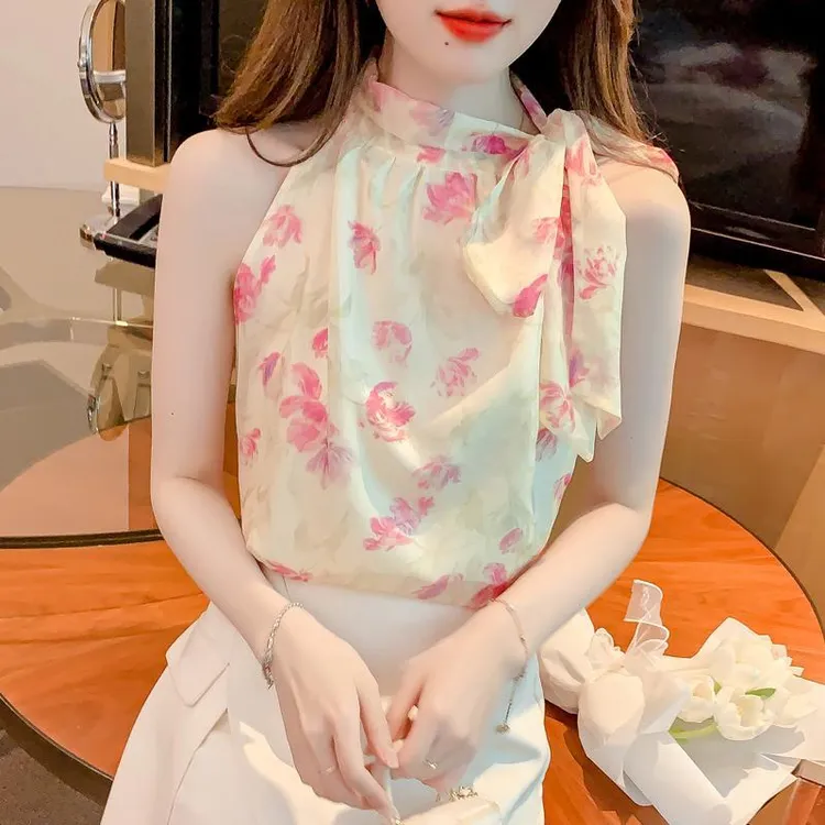 碎花雪纺衬衫女夏装新款设计感甜美小众气质别致无袖挂脖上衣