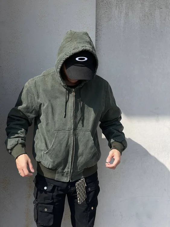 大葱美式高街重磅水洗做旧 J130连帽帆布夹克vintage夹棉加厚外套