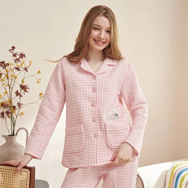 姬玛秋冬轻暖夹棉中厚保暖夹层大码女睡衣粉格家居服套装229327