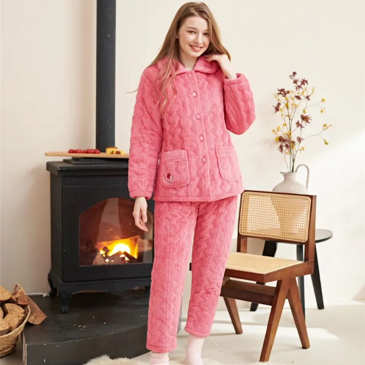 姬玛冬季三层加绒加厚夹棉保暖女士家居服套装219628A