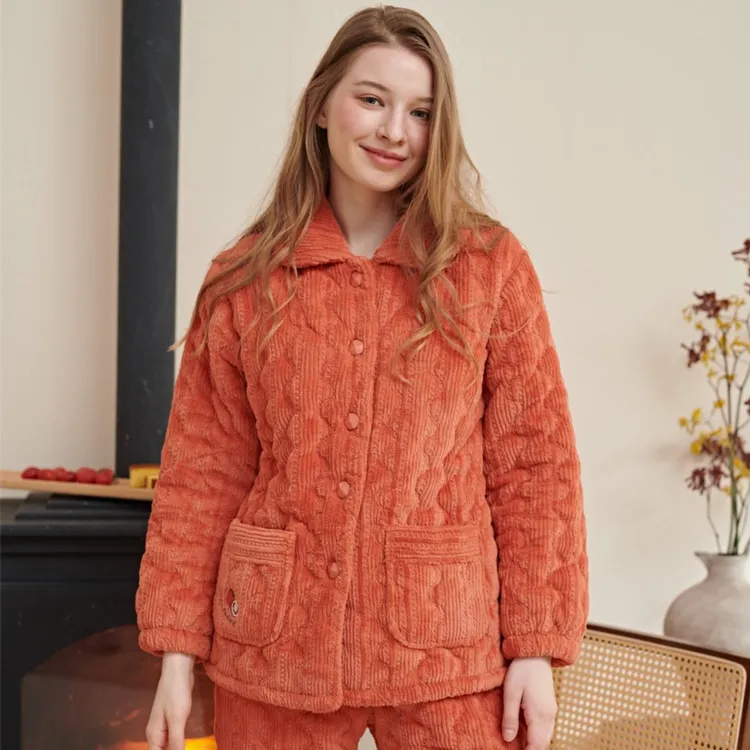 姬玛冬季三层加绒加厚夹棉保暖女士家居服套装219628