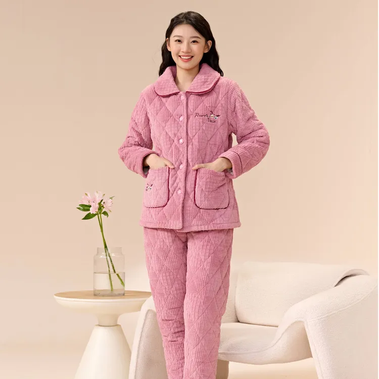 姬玛冬季三层加绒加厚夹棉女士保暖睡衣家居服套装248329