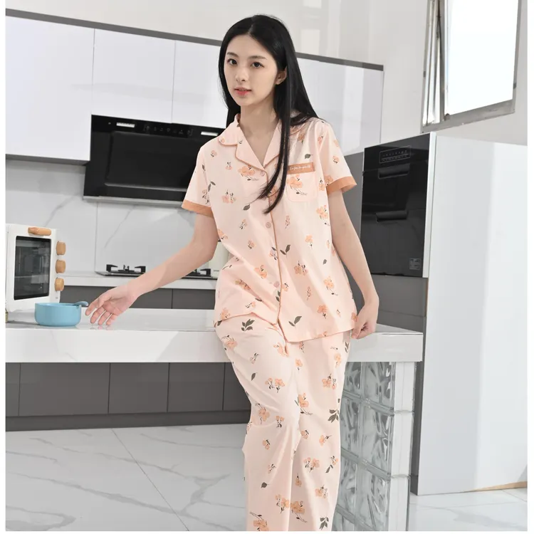 姬玛夏款针织纯棉短袖睡衣女套装透气翻领家居服套装232338