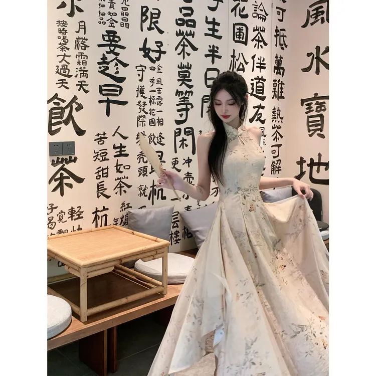 长款旗袍蝴蝶禅意开衫古风女装两件套镜花水月新中式挂脖镂空气质