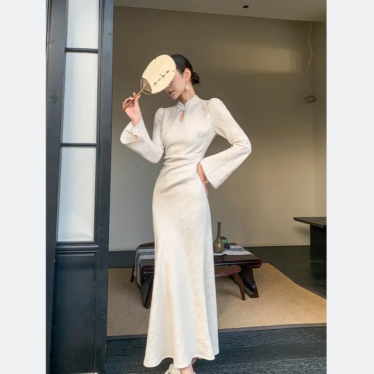 中国风旗袍色长袖喇叭袖立领连衣裙女早春新中式改良旗袍长裙子