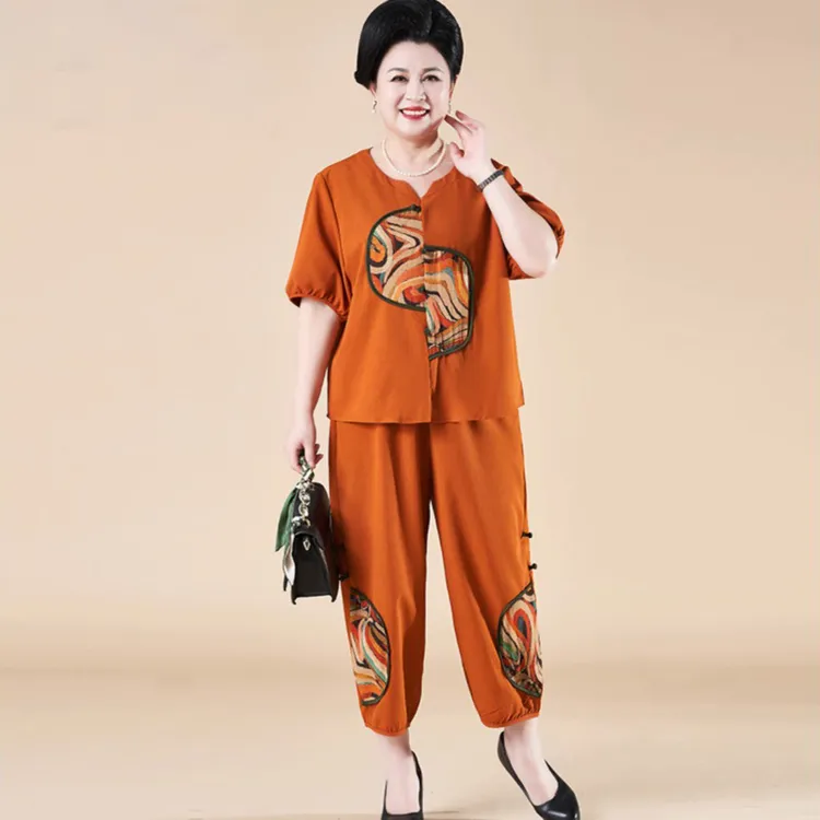 胖妈妈夏装短袖套装加肥加大中老年女装夏季大码宽松上衣两件套