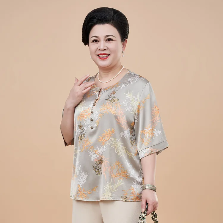 母亲洋气衣服夏季新中式V领五分袖中老年女装妈妈装印花高贵小衫 