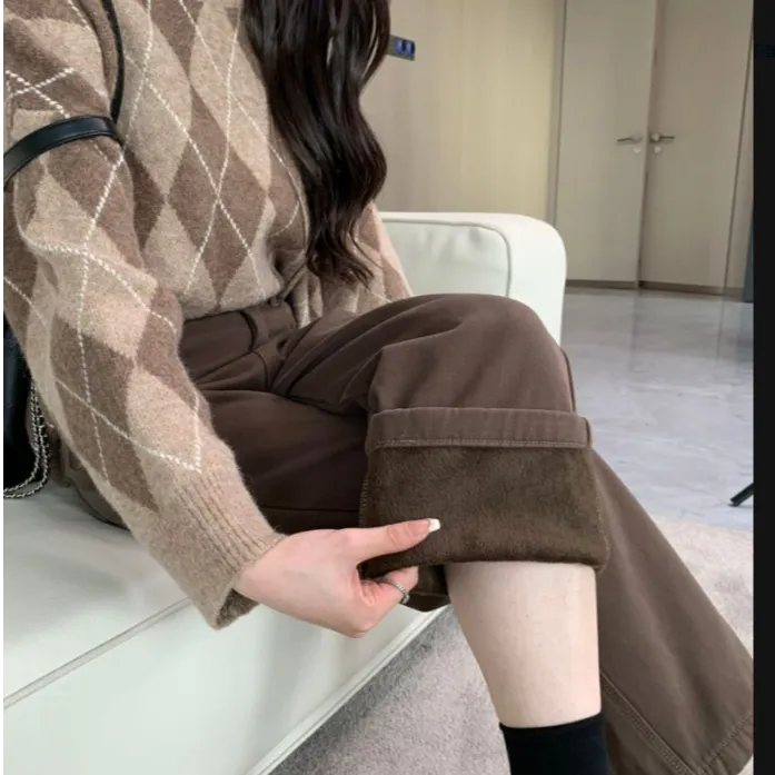 小个子牛仔裤女加绒高腰显瘦阔腿直筒裤长裤