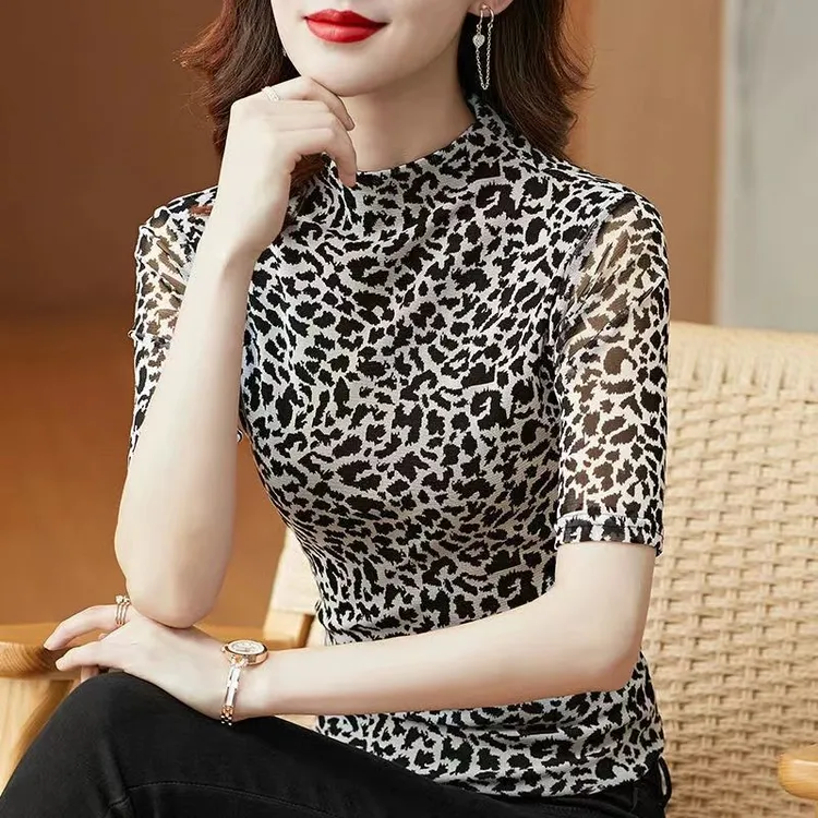 韩版半高领蕾丝网纱打底衫女T恤春夏装洋气内搭小衫中袖豹纹上衣