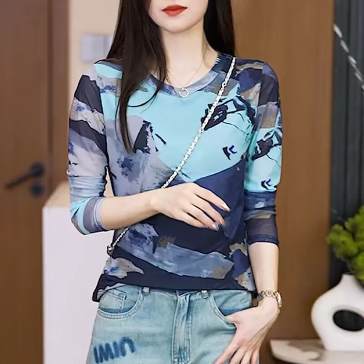 显瘦撞色2025夏秋长袖T恤女网纱薄款休闲百搭圆领水墨印花上衣潮