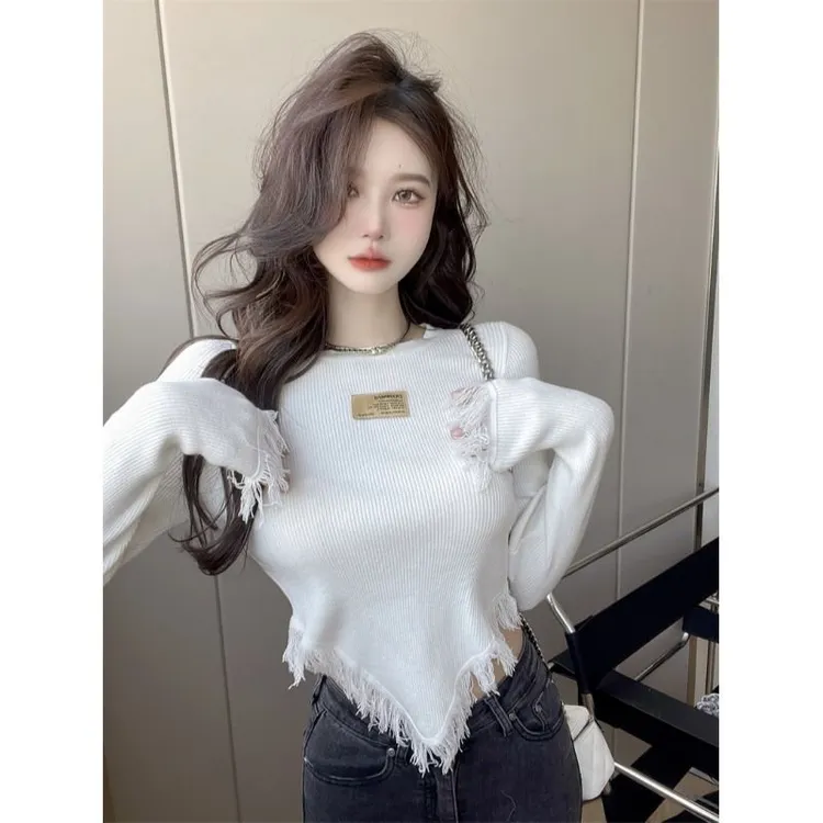 老钱风松弛感女装贵气欲辣妹流苏不规则长袖T恤女春秋新款修身小