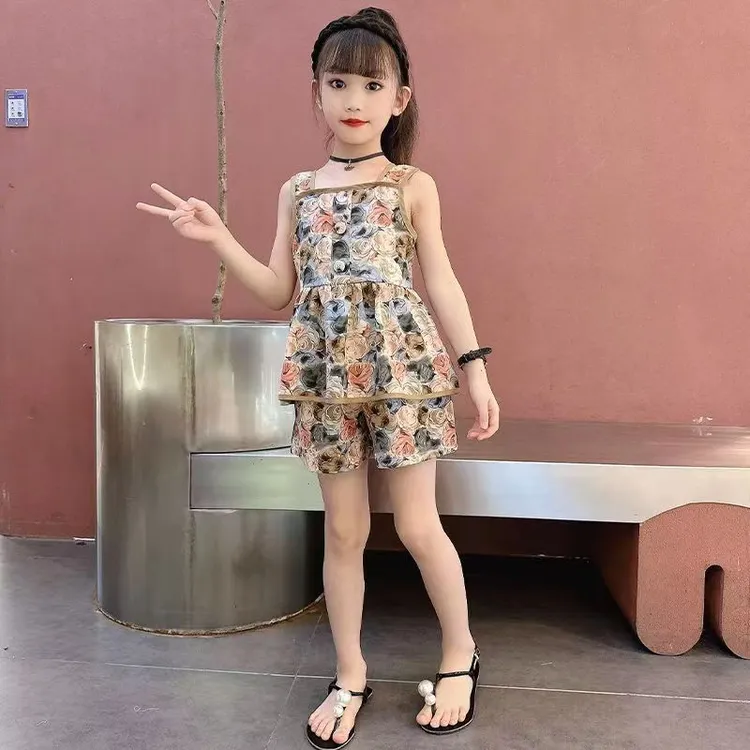 儿童夏季套装复古玫瑰花洋气时尚无袖网红女童韩版小女孩儿童服装