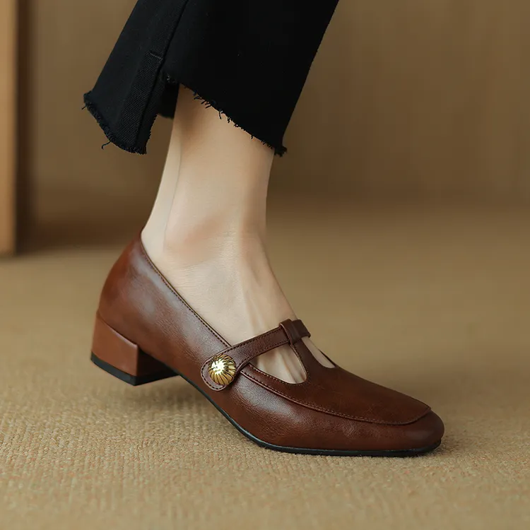 玛丽珍女鞋春秋真皮T字带百搭棕色粗跟方头浅口中跟跟鞋