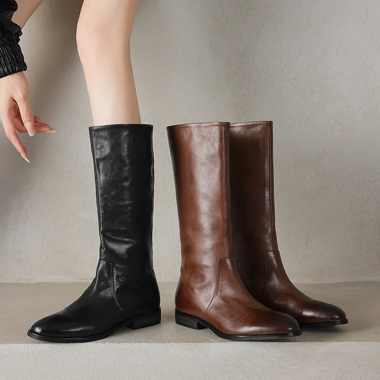 头层软牛皮全纯皮长筒平底女靴2.5cm33码复古风100%头层牛皮短靴