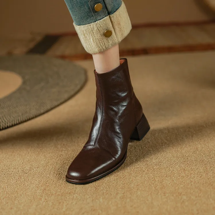 头层胎牛皮方头粗跟短靴女 4公分百搭英伦风中跟全真皮软底瘦瘦靴