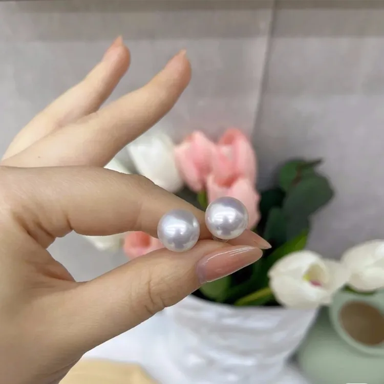 【玥白丽】花魁款11-12mm6A极光赛澳白爱迪生耳钉微瑕淡水珍珠银针