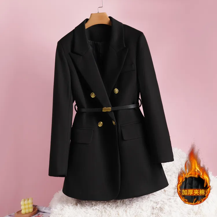 秋冬季百搭加棉西装毛呢外套女白鸭绒双排扣羽绒服【送腰带】5035