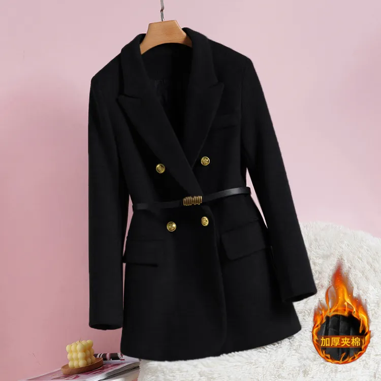 春秋冬季加棉加厚百搭西装外套女双排扣显瘦气质西服上衣【送腰带】