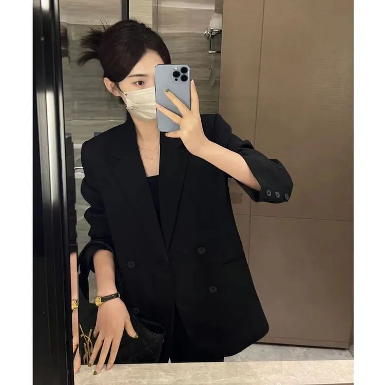 黑色西装外套女春秋2025韩版宽松气质百搭休闲双排扣职业西服上衣