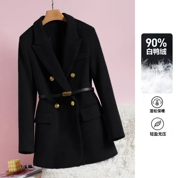 冬季百搭90白鸭绒黑色西装外套女双排扣气质显瘦羽绒服【送腰带】
