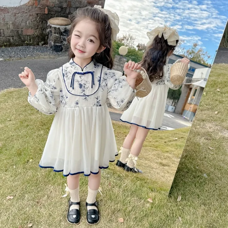 女童水墨画国风连衣裙春秋款2024新款儿童女宝宝春季春装公主裙子