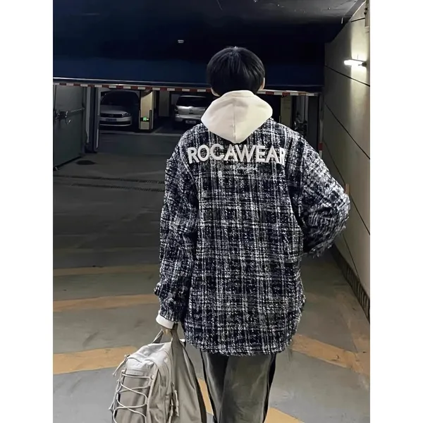 小香风粗花呢编织衬衫外套宽松撞色刺绣秋冬情侣上衣潮秋冬帅气