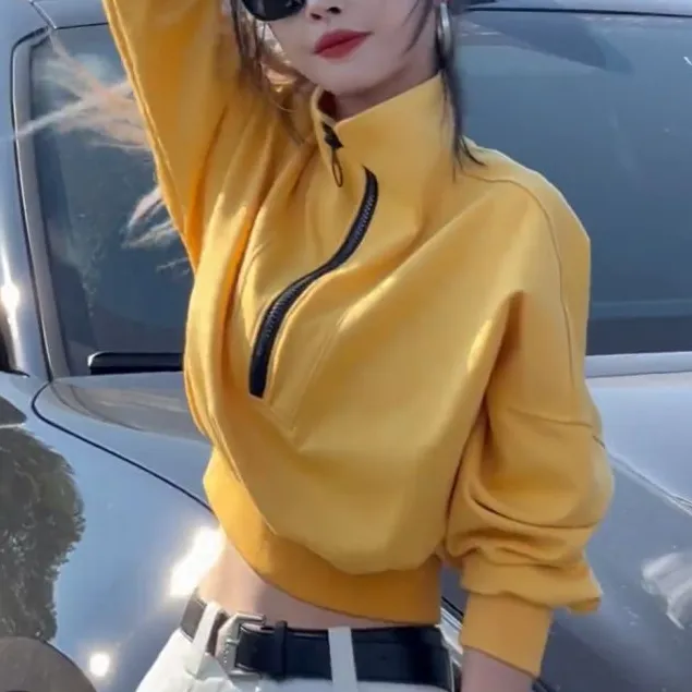 韩版时尚休闲立领拉链收腰长袖卫衣女2024春秋新款通勤上衣短款