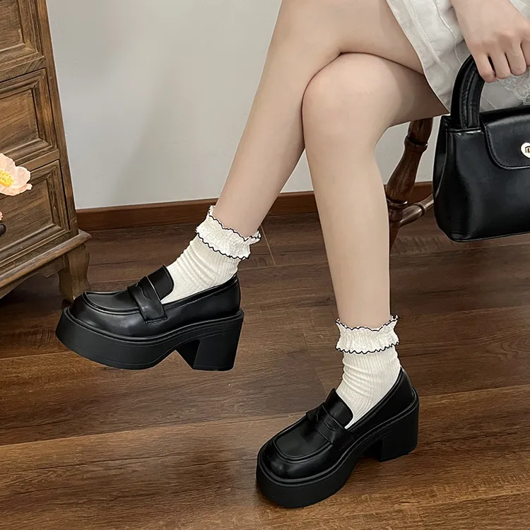 增高粗跟高级感单鞋厚底乐福鞋女2025新款春夏季黑色英伦风小皮鞋