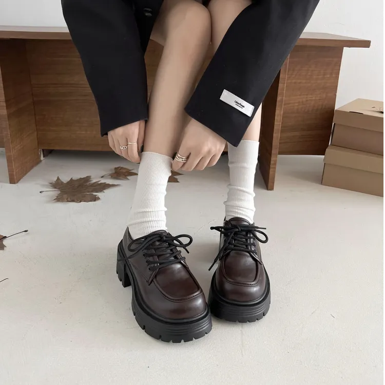 复古英伦风黑色小皮鞋女2025春季新款粗跟厚底增高小个子乐福单鞋