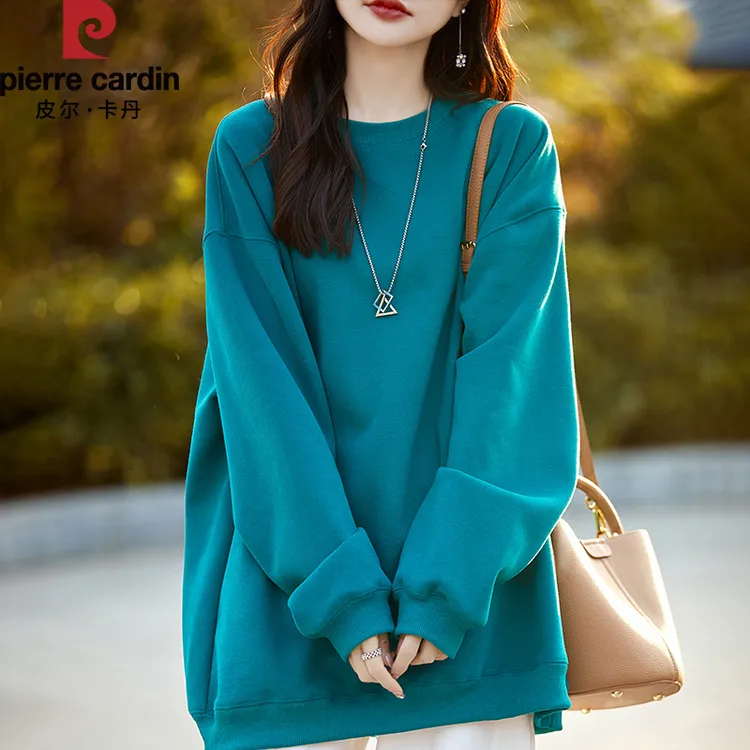 皮尔卡丹2024新款秋冬休闲圆领韩版加绒中长款卫衣宽松保暖上衣女