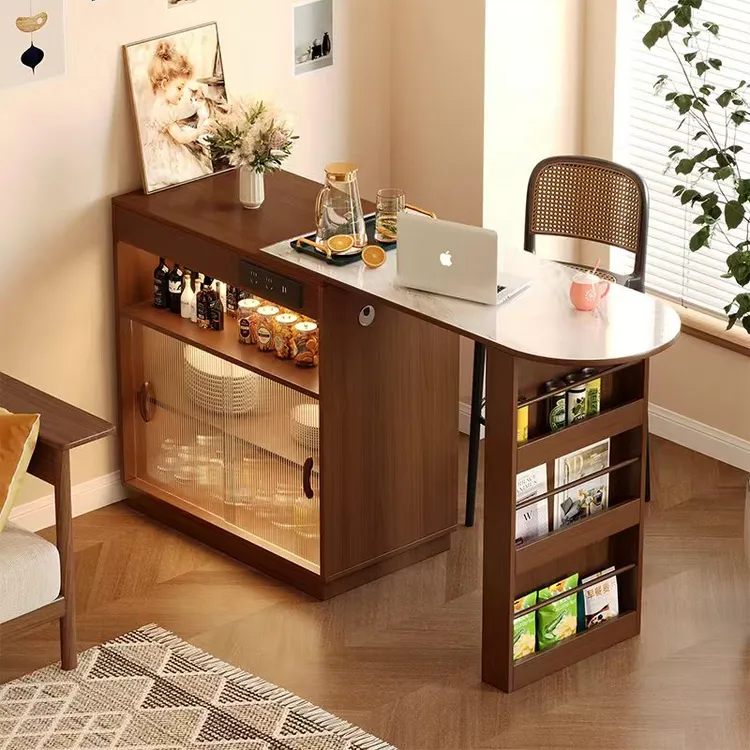 北欧实木可伸缩吧台桌家用轻奢边柜多功能客厅酒柜小户型客厅吧台