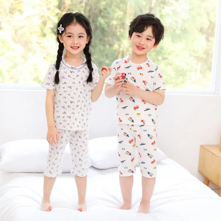 儿童夏季纯棉薄款短袖七分裤套装男女童家居服睡衣轻薄空调服套装