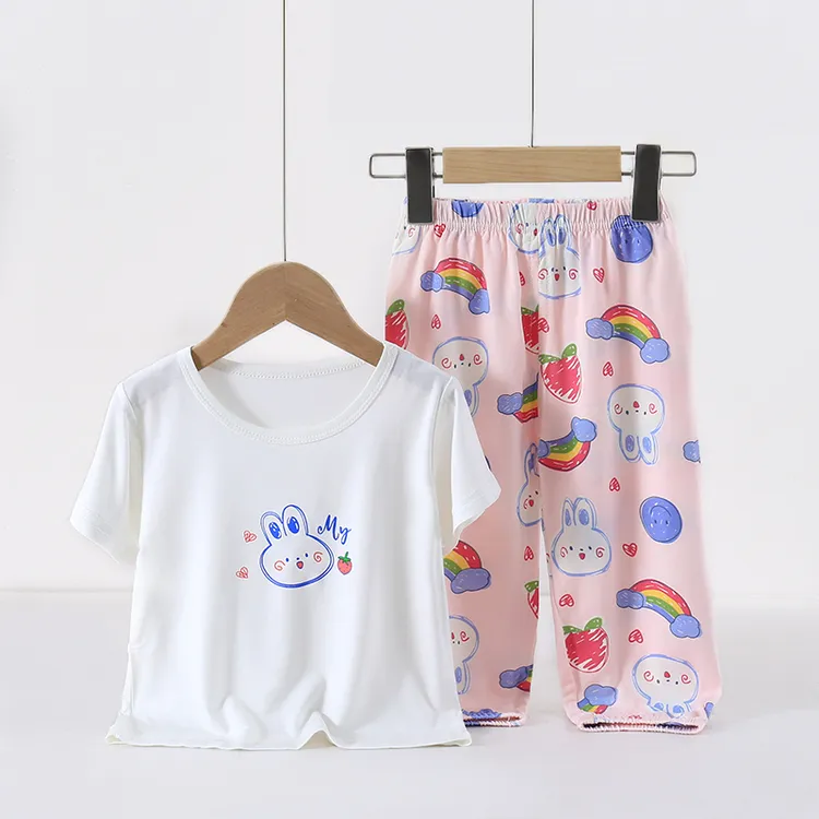 夏季儿童短袖空调服优可丝无骨无痕男女儿童家居服套装睡衣莫代尔