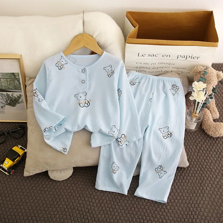 儿童绵绸睡衣长袖套装薄款男童女孩棉绸家居服套装春夏季空调服