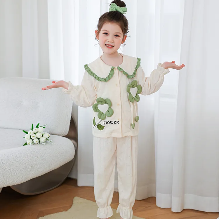 小女孩长袖睡衣娃娃领中大童春秋可爱家居服套装薄款女童空调服新