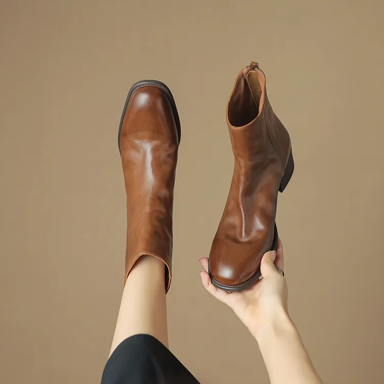 高端马皮靴【水洗工艺】4.0cm/棕色复古圆头真皮后拉链粗跟中跟短靴
