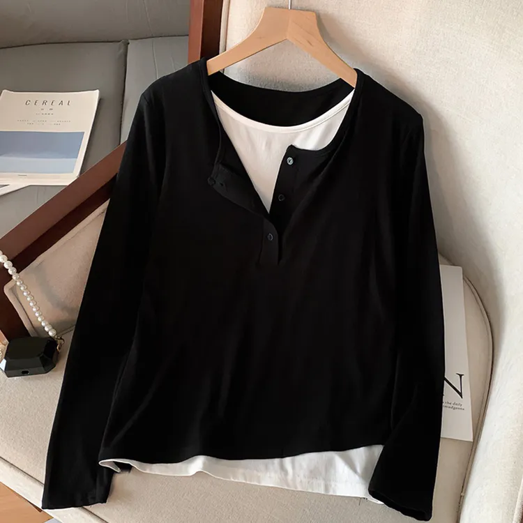 特大码200斤假两件上衣长袖t恤女2025春秋季新款遮肉显瘦内搭打底