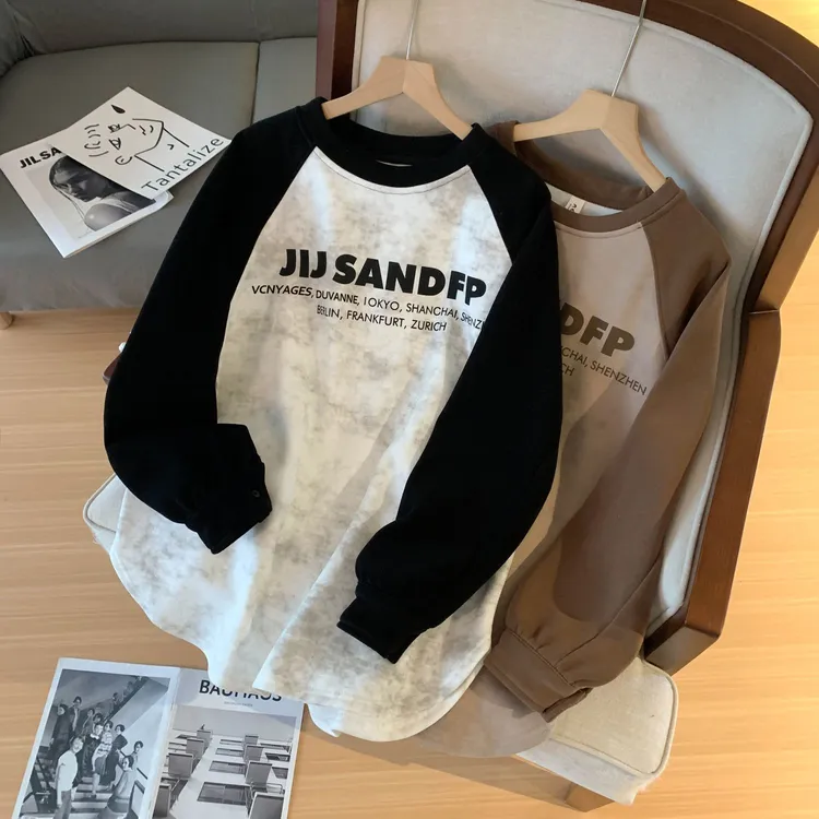 特大码200斤撞色插肩袖晕染银狐绒卫衣女中长款休闲长袖ins打底衫