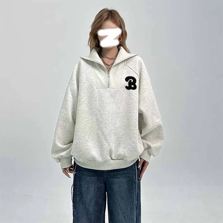 特大码200斤港风chic加绒半高领翻领卫衣女秋冬洋气宽松休闲上衣