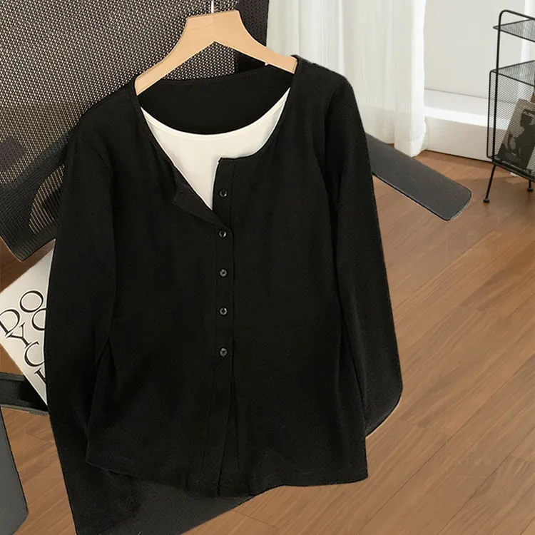 特大码200斤韩系洋气拼接开衫假两件上衣女微胖百搭休闲上衣秋ins