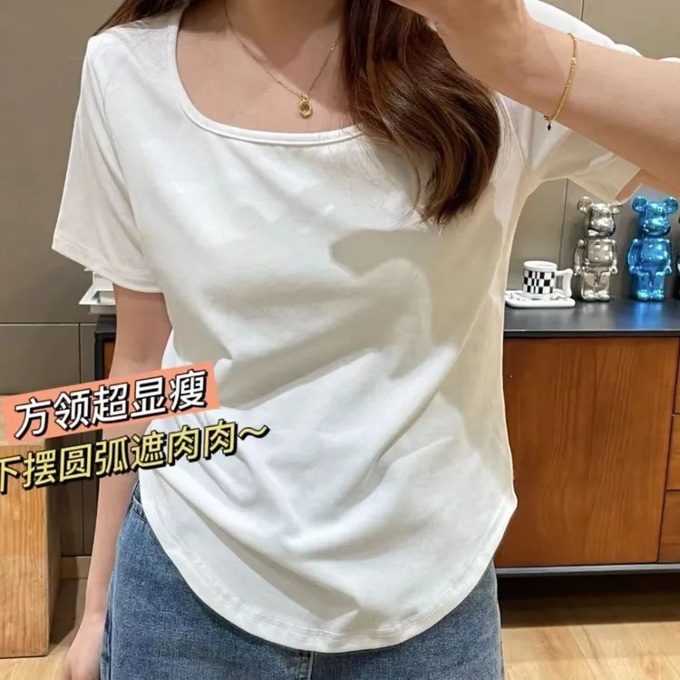 特大码300斤方领正肩t恤女2025新款显瘦纯色宽松百搭韩版上衣短袖