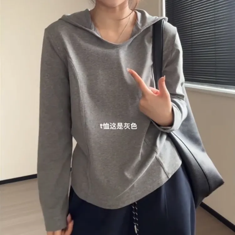 特大码200斤气质简约纯色弧形下摆遮肚显瘦正肩连帽长袖卫衣女ins商品图