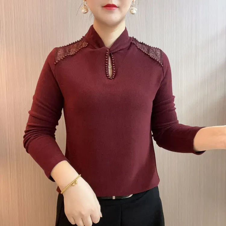 秋冬新款加绒镂空钉珠百搭显瘦洋气打底衫气质潮流洋气内搭小衫女