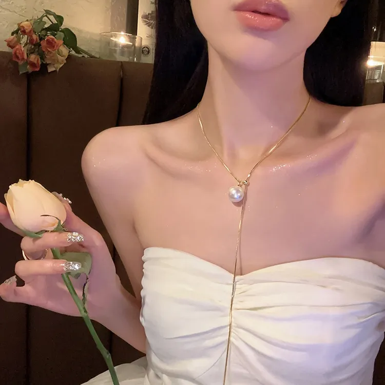 铜合金项链 可抽拉仿珍珠长款项链轻奢小众夏季设计感锁骨链颈链