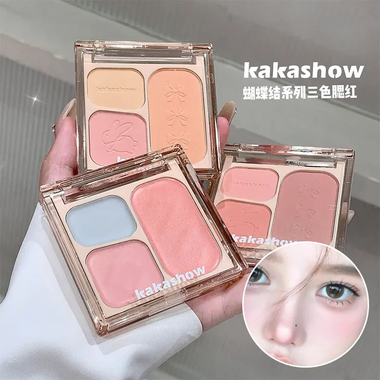 kakashow蝴蝶结三色腮红韩系粉嫩哑光腮蓝膨胀收缩色推荐腮红膏
