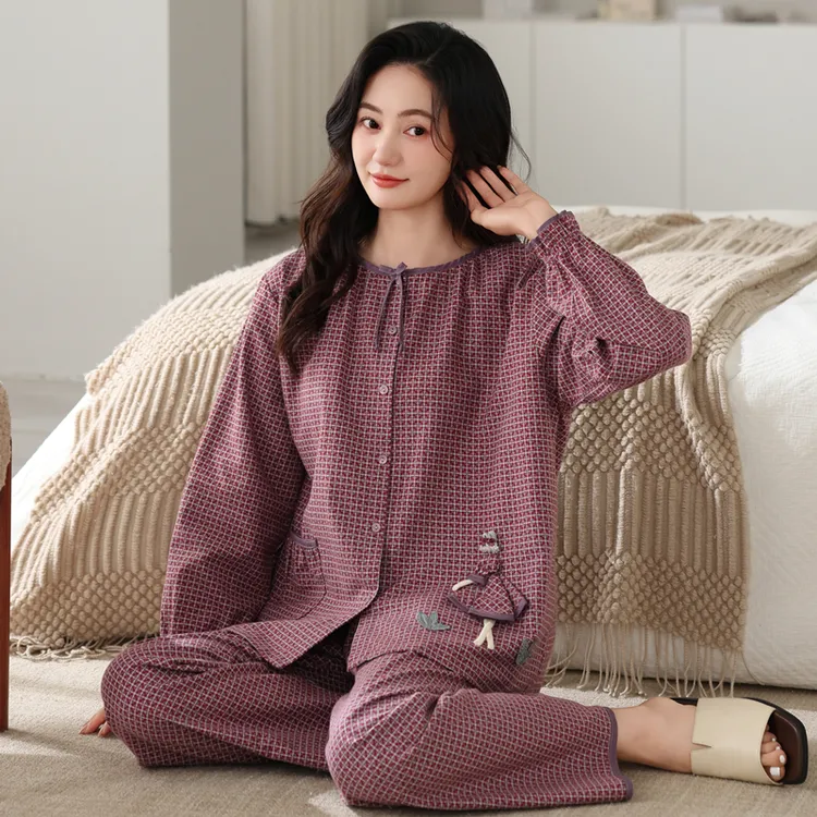 纯棉睡衣女春秋款长袖长裤大码秋季套装宿舍可外穿女士高档家居服