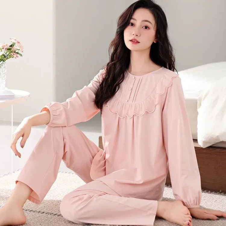 睡衣女春秋款纯棉长袖长裤套装新款套头秋款可外穿大码女士家居服