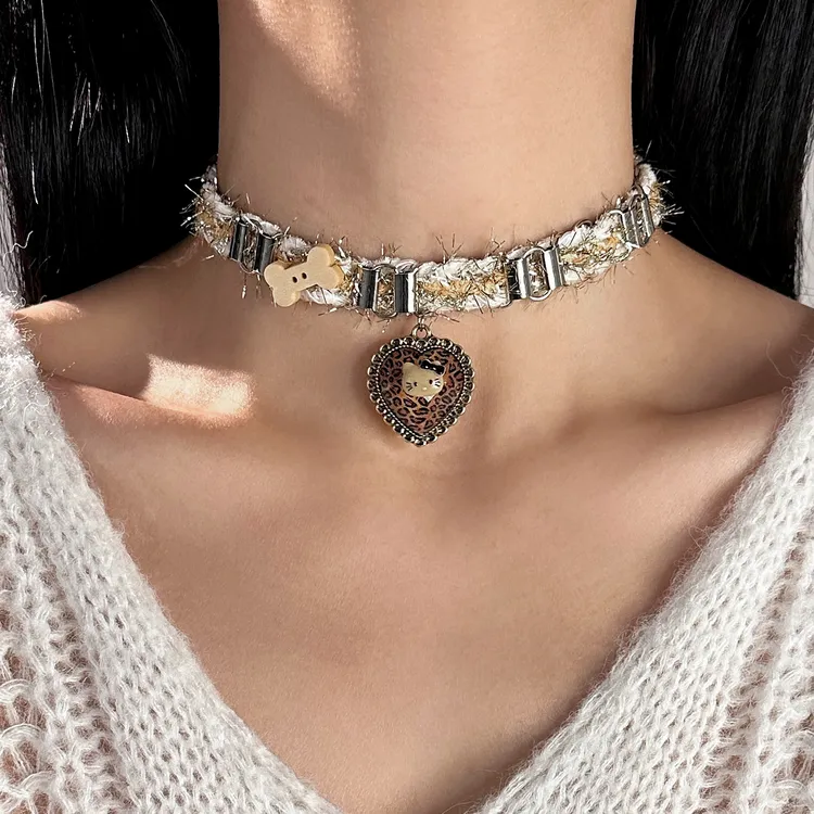 合金布艺项链 X5114-1时尚酷辣小众气质百搭个性轻奢豹纹猫猫项链