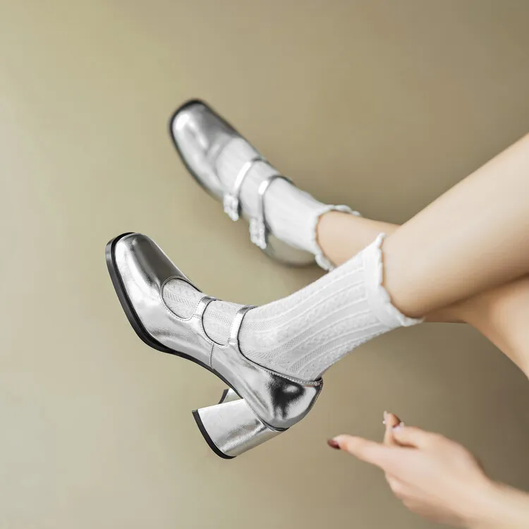 7cm跟高/牛皮浅口单鞋女粗跟双排扣带水钻玛丽珍鞋优雅气质高跟鞋